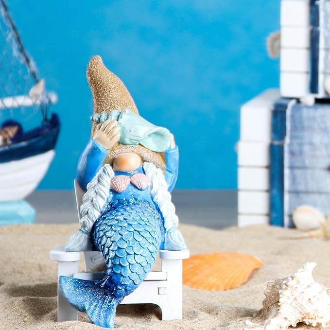 Leekung Mermaid gnome Statue Garden Decor,Beach Gnomes Figurine for Outdoor Indoor Patio Lawn Yard Porch Shelf Bookshelf Edge Table windowsill Decoration,Nautical Ocean Sculpture