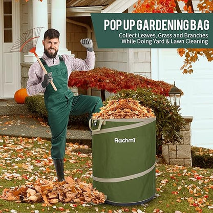 Rachmi 47 Gallon Collapsible Trash Can 2-Pack with Hard Bottom | Extra Large Reusable Yard Leaf Waste Bag Outdoor Pop Up Recycle Bin for Camping, Green