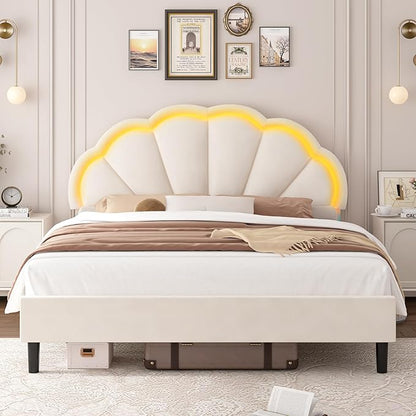 HIFIT Queen Upholstered Smart LED Bed Frame with Adjustable Chic Petal Headboard, Soft Princess Queen Size Platform Bed Frame for Girls, Wooden Slat Support, No Box Spring Needed, Easy Assembly, Beige