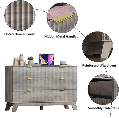 6 Drawer Dresser for Bedroom, Fluted Dressers Chest of Drawers with Gold Handle, Mid Century Modern Dresser for Closet, Wood Closet Storage Organizer Furniture for Bedroom, Living Room, Hallway, Grey