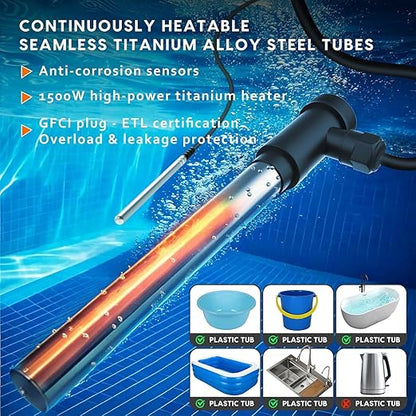 1500W Titanium Fully Submersible Portable Electric Immersion Large Pool & Hot Tub Water Heater with LCD Thermostat & GFCI Leakage Protection, Ideal for Baptistry, Bathtub, Bucket, Swimming Pool (GO)