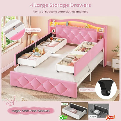 DICTAC Full Size Bed Frame for Girls with 4 Storage Drawers, Bookcase Headboard, LED Lights and Power Outlets, Diamond Tufted Velvet Upholstered Princess Platform Bed, Heavy-Duty Metal Support, Pink