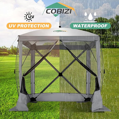 COBIZI 6x6 Pop up Gazebo Tent, Ez up Waterproof Screen Tent Screen House, Portable Outdoor Canopy Sun Shelter with Carry Bag & Ground Stakes for Camping, Garden and Picnics, Gray(Upgraded 2.0)