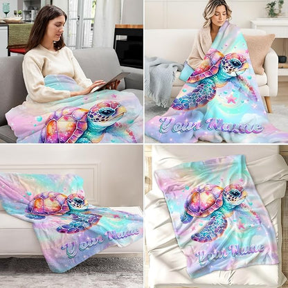 Custom Sea Turtle Throw Blanket - Turtle Blankets Gifts for Kids - Fuzzy Plush Throws Decor for Couch, Sofa