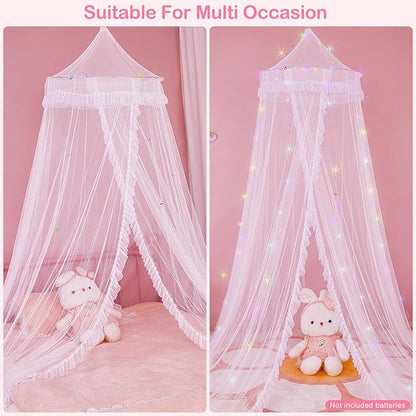 Beinou Bed Canopy for Girls with Timer Remote Canopy Bed with Lights Breathable Net Canopy for Bed Kids Girls Room Decor,White