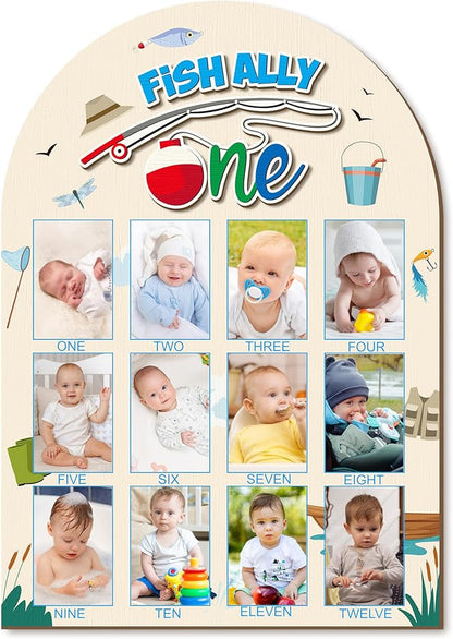R HORSE My First Year Photo Display Wood Board - Baby’s First Year Picture Frame, 12 Months Milestone Board, 3D Fishing Neutral Baby Keepsake Gift One Year Old Birthday Nursery Decor for Girl Boy