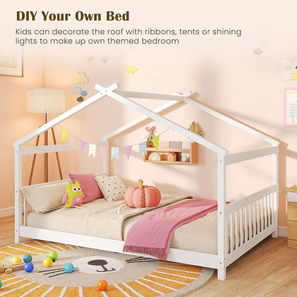 Giantex Full Size Floor Bed, Solid Wood Montessori House Bed with Roof, Headboard and Footboard, Low Full Bed Frame for Kids Teens Girls Boys, No Box Spring Needed, White