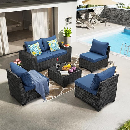 6 Pieces Patio Furniture Set All-Weather Outdoor Wicker Sectional Conversation Sofa Rattan Patio Seating Sofa with Cushion and Glass Table for Porch Poolside,Navy