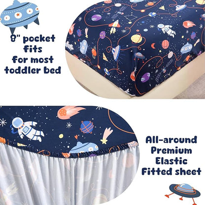 LONAVA Toddler Kids Comforter Set - 4 Pieces Toddler Bedding Sets for Boys Girls Children, Ultra Soft Microfiber Bed in A Bag with Flat Fitted Sheets, Space
