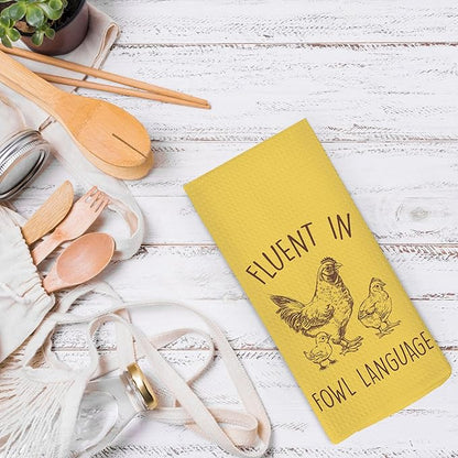 Funny Chicken YellowKitchen Dish Towels 16x24 Inch, Crazy Chicken Gifts for Chicken Mom, Fluent in Fowl Language Decorative Hand Towels Tea Towels for Farmhouse Home