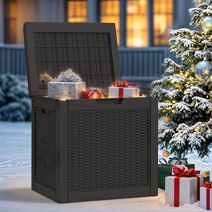 YITAHOME 32 Gallon Rattan Deck Box, Indoor Outdoor Storage Box for Patio Furniture, Pool Accessories, Cushions, Garden Tools, Sports Equipment, Waterproof Resin with Lockable Lid & Side Handles, Black