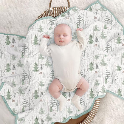 lulumoon Muslin Baby Blanket Neutral: Cotton Crib Blanket with Pine Tree - Soft Toddler Bedding for Registry Gift 47x47 Inches (Green Forest Stump)