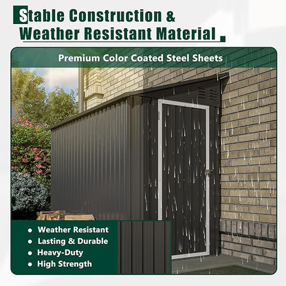 4×8 Ft Lean to Shed with Floor, Metal Outdoor Storage Shed, 0.25mm Galvanized Steel Metal Garden Shed Waterproof with Lockable Door for Backyard, Patio, Garden, Black