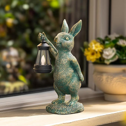 MININOVA Rabbit Garden Statues with Solar Lantern Bunny Outdoor Resin Sculpture for Patio Yard Lawn Decorations Gifts for Mother’s Day Housewarming Christmas