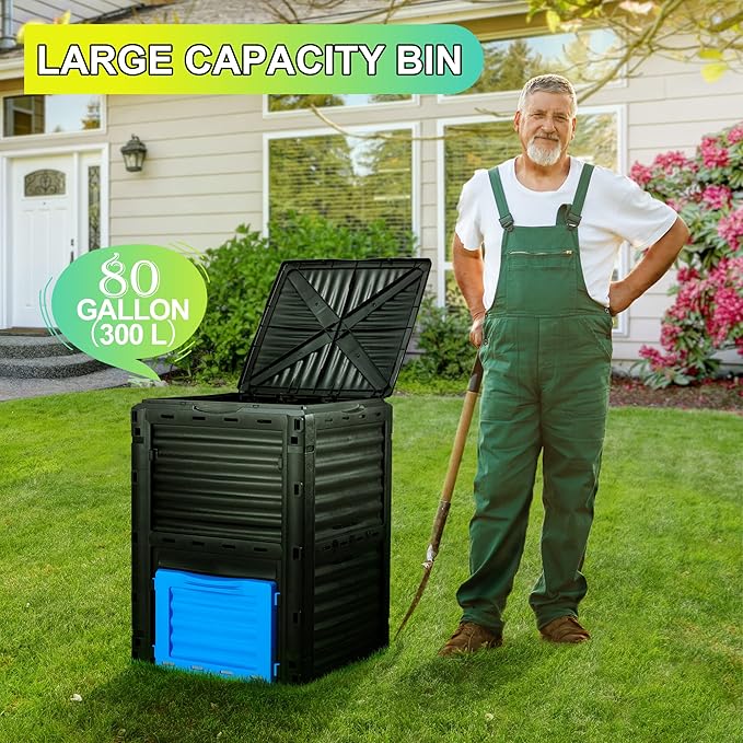 Garden Compost Bin 80 Gallon (300L) Large, Outdoor Composter from PP Material,Composting Box Easy Assembly & Many Vents, Fast Creation of Fertile Soil, Lightweight & Sturdy
