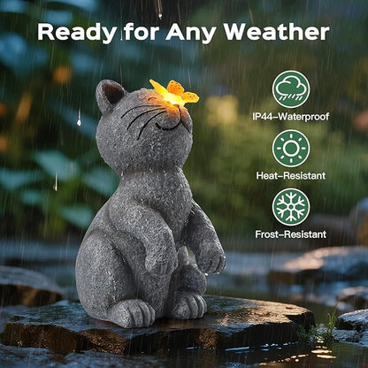 DyBaxa Solar Garden Décor, Garden Statues, Gifts for Women, Mom, Grandma, Patio, Balcony, Yard Decorations Outdoor - Unique Birthday & Housewarming Gifts, Cat Decor with Butterfly Light