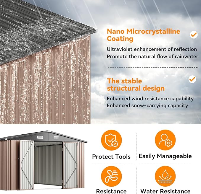 12x10FT Outdoor Storage Shed, Metal Garden Shed with Lockable Double Doors & Sloping Roof, Weather-Resistant Tool Shed for Backyard, Patio, Poolside Brown
