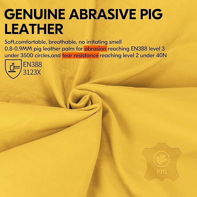 Vgo... 1-Pair Unlined Safety Pigskin Leather Work Gloves Men, Rigger Gloves, Builder Gloves (Size XL, Yellow, PA9501)