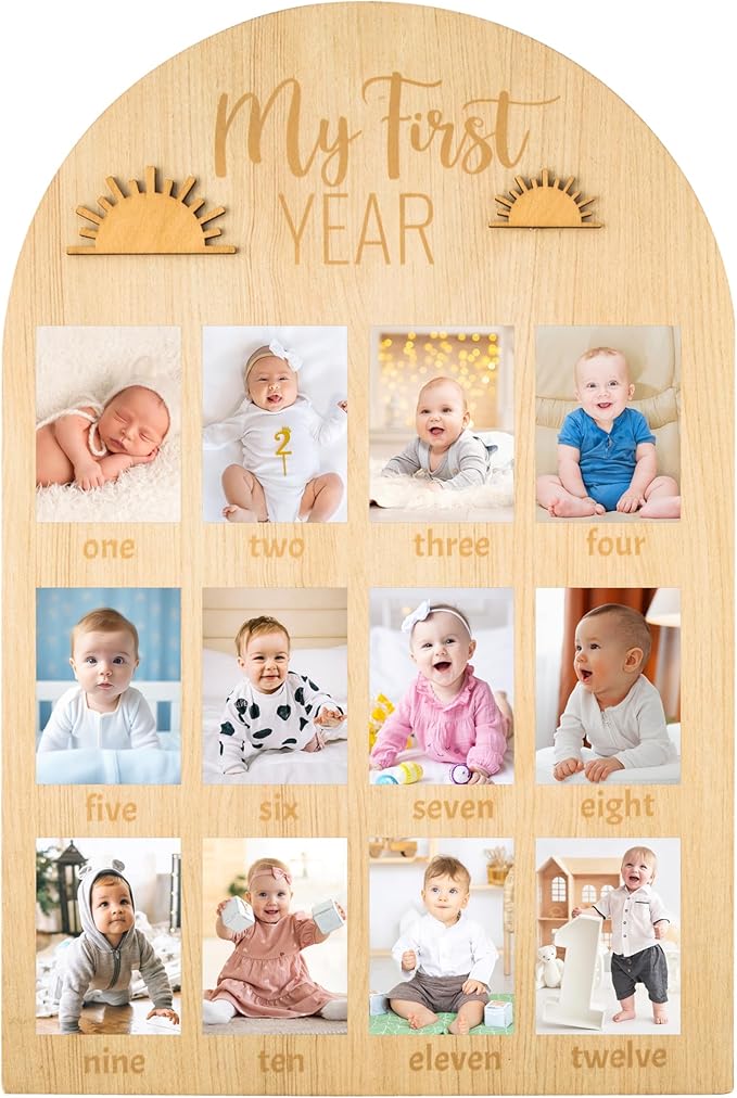 R HORSE My First Year Photo Display Wood Board - Fits 2 x 3 Inch Photo, 3D Boho Sun Baby's First Year Picture Frame 12 Months Milestone Board Baby Keepsake Birthday Nursery Decor Gift for Boy Girl