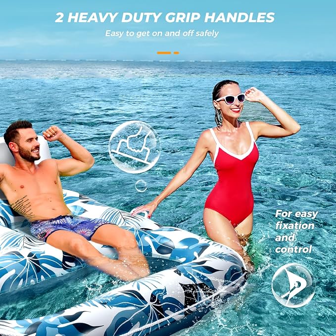Pool Floats Adult 1-2-3 Person Inflatable Lounger, Extra Large Tanning Recliner Floaty Chair Raft with Backrest, Footrest, Cup Holder for Pool, Lake, River, Beach, Ocean & Party Use