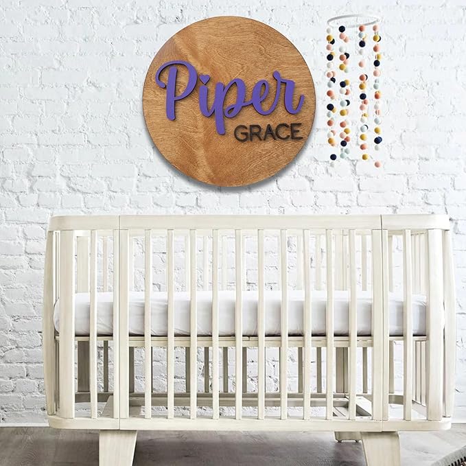 Custom Round Nusery Name Sign, Personalized 3D Baby Name Announcement Sign, Personalized Wooden Wall Plaque, 3D Wall Art for Children & Kids Rooms, Family Name Signs, 30 Colors (Design 2)