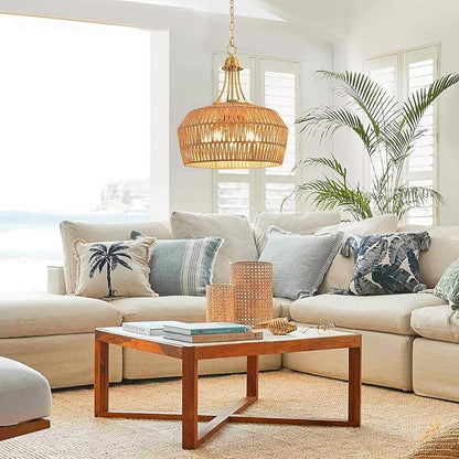 18.5'' Rattan Chandeliers for Dining Room, 5-Light Boho Pendant Light, Hand Woven Lampshade for Kitchen Island, Bedroom, Living Room, Height Adjustable