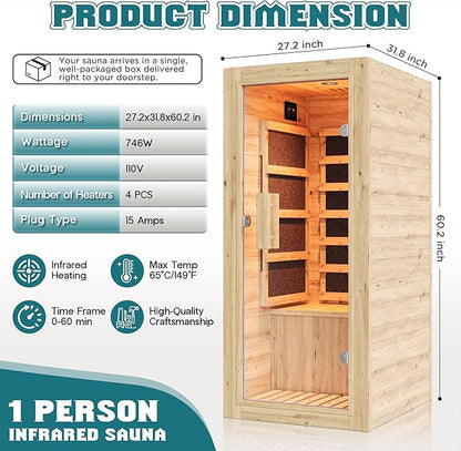 Albott Infrared Sauna 1 Person, Infrared Saunas for Home, 746W/110V Spruce Wood Dry Sauna with Foot Warmer, Easy Assembly – Compact Indoor Spa, 149℉ Fast Heating, LED Light, 27.2"x31.8"x60.2"