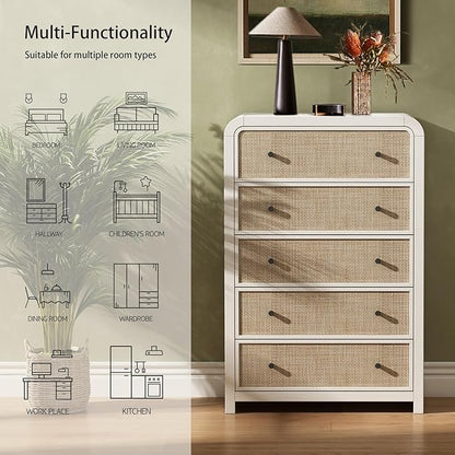 Oak&Sparrow 5 Drawer Tall Dresser for Bedroom, 47'' Rattan Dresser with Ample Storage, Boho Chest of Drawers, Thickened Curved Profile Design, Oak Dressers for Bedroom, Living Room