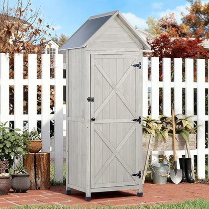 Wooden Outdoor Storage Cabinet with Waterproof Metal Roof Vertical Garden Tool Shed Adjustable Shelves, Perfect for Yards, Patios, Decks and Porches (Light Gray, 22" x 26" x 67")