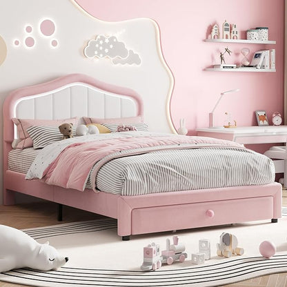 GarveeHome Upholstered Twin XL Bed Frame with Led Lights and Storage Drawer, Velvet Led Bed Frame with Headboard for Kids, Girls, Boys, No Box Spring Needed, Wooden Slats, Noise Free, Pink