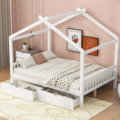 Harper & Bright Designs Full Size House Bed Frame for Kids, Wood Playhouse Platform Bed Frame with Two Drawers and Fence, Roof Design, White