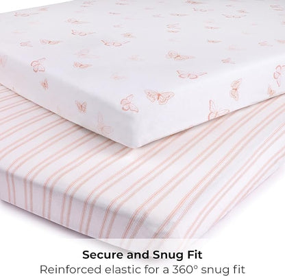 Ely's & Co. Pack and Play Sheets, for Mini/Portable Crib, 2 Pack Fitted Playpen Play Yard Sheet Set Compatible with Graco Pack n Play, for Baby Girls, 100% Cotton, 38”x24”x5” Pink Butterfly + Stripes