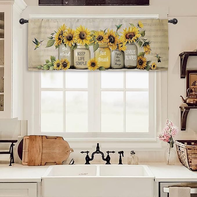 Miyotaa Sunflower Hummingbird Kitchen Curtain Valance 54W x 18H Rod Pocket Farmhouse Rustic Plant Vintage Inspirational Window Treatment for Living Room Bedroom Bathroom