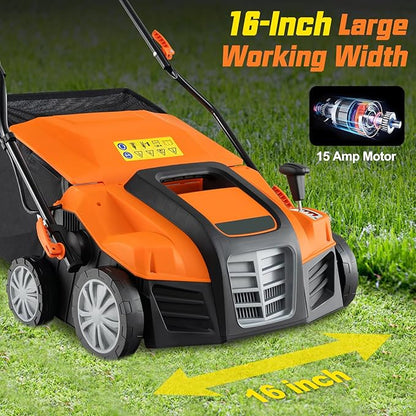 Goplus 2-in-1 Scarifier and Lawn Dethatcher, 16-Inch 15A Corded Electric Dethatcher w/ 14.5-Gal Collection Bag, 3-Position Height Adjustment & 5-Position Depth Adjustment, for Grass Garden Yard