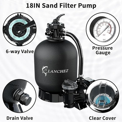 LANCHEZ 18" Sand Filter Pump for Above Ground Pool with Timer, 1.5 HP, Max 4900 GPH for Pools Up to 20000 GAL, 6-Way Valve Pool Sand Filter System, Enhanced Circulation for Crystal-Clear Pool