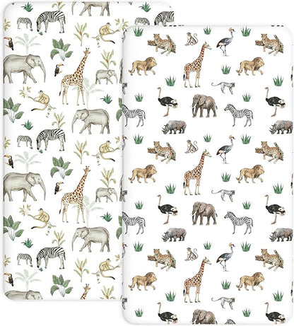 Crib Sheets for Boys and Girls, 2 Pack Fitted Baby Sheets for Standard Toddler Mattress 28" x 52", Soft Breathable Jersey Knit Baby Bedding (Jungle Journey)