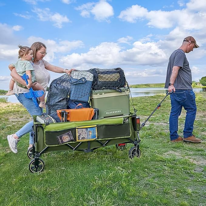 Timber Ridge 51.2'' Extended Collapsible Wagon Cart with Brakes and Cargo Net, Heavy Duty Foldable Utility Wagon with Adjustable Handle, 400L Capacity Portable Cart for Camping Sports Shopping