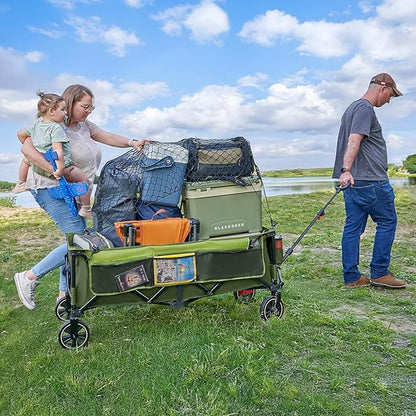 Timber Ridge 51.2'' Extended Collapsible Wagon Cart with Brakes and Cargo Net, Heavy Duty Foldable Utility Wagon with Adjustable Handle, 400L Capacity Portable Cart for Camping Sports Shopping
