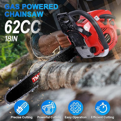 62cc Gas Chainsaw, 3.5-HP, 18 Inch Gas Powered Chainsaw, 2-Stroke Chainsaws with Automatic Oiler, Gasoline Chain Saw for Cutting Wood Outdoor Garden Farm Home, Red