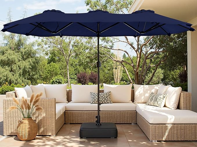 Shintenchi 16FT Large Patio Umbrella with Base, Outdoor Double-Sided Rectangular Umbrella, Market Umbrella with Crank Handle for Poolside Lawn Garden, Dark Blue