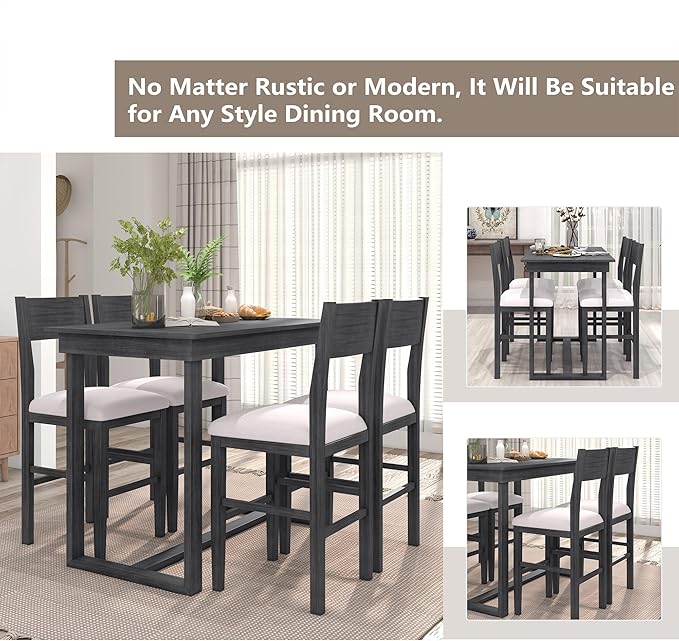 Merax Farmhouse Counter Height 5-Piece Dining Set with 1 Rectangular Table and 4 Upholstered Chairs for Small Places, Family Kitchen Furniture, Gray