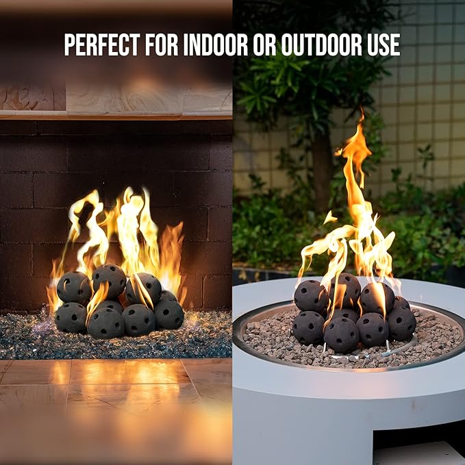 Skyflame Hollow Ceramic Fireplace Balls, Set of 15 Round Fire Stones Set for Indoor and Outdoor Fire Pits or Fireplaces Accessory, 3 Inch, Black