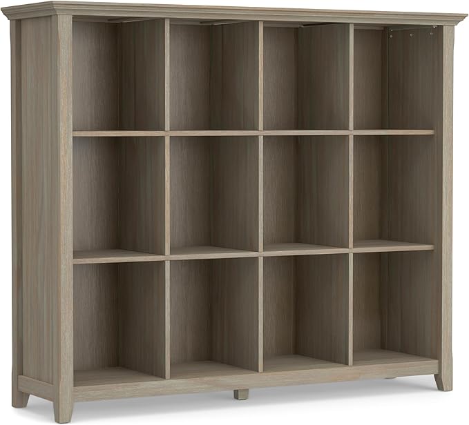 SIMPLIHOME Acadian Bookcase - 57 inch Tall 12-Cube Solid Wood Storage Display Unit in Distressed Grey, Transitional Cube Organizer for Living Room or Office with Fixed Shelves and Tapered Legs