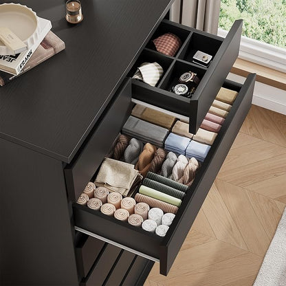 Black Tall 7 Drawer Dresser for Bedroom, Modern Wood Closet Dressers & Chests of Drawers with Jewelry Storage, 23.6" L*15.8" W*47.5" H in Large Vertical Dresser for Bedroom, Living Room, Nursery