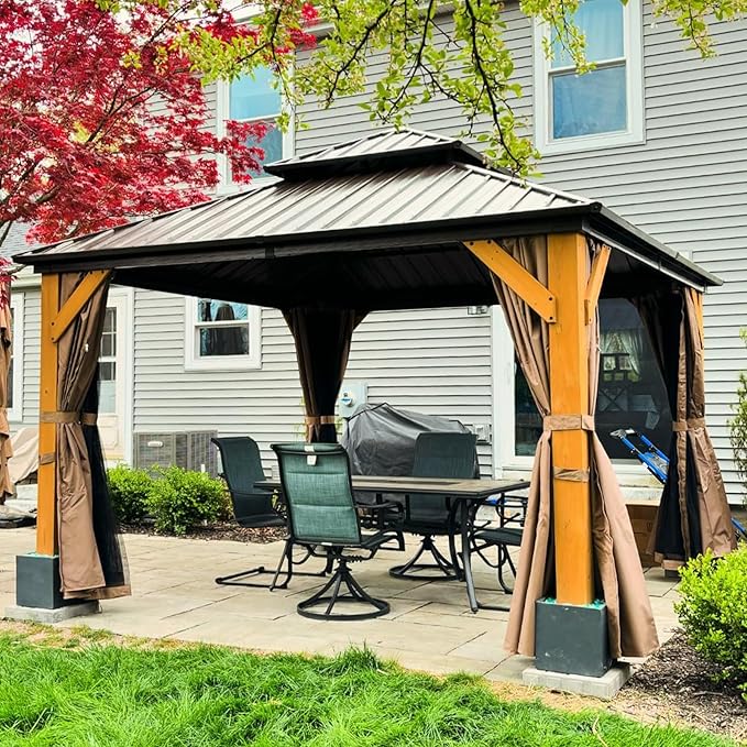 Domi Hardtop Gazebo 12’x12’ Cedar Frame Wood Gazebo with Galvanized Steel Double Roof, Outdoor Permanent Metal Gazebo with Curtains and Netting for Patio,Deck,Backyard