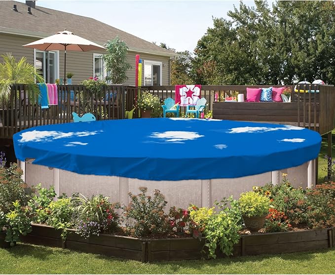 ECOOPTS 16 ft Waterproof Round Polyester Pool Cover for Above Ground Pools, Swimming Pool Cover Protector Winter Safety Cover (Blue Sky)