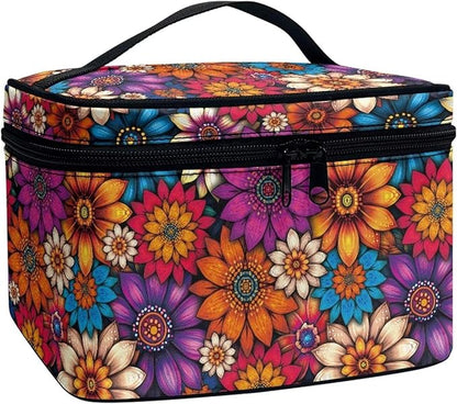 Vibrant Hippie Flower Pattern Travel Makeup Bags for Women Portable Tote Cosmetic Case with Carry Handle Toiletry Accessories Storage Organizer Bags