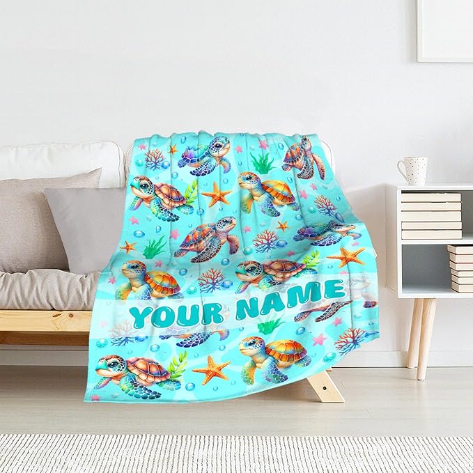 Personalized Turtle Gifts for Girls - 40" x 50" Inches Cute Turtle Throw Blanket for Boys Kids - Green Soft Fuzzy Blankets for Sofa, Crib & Bed