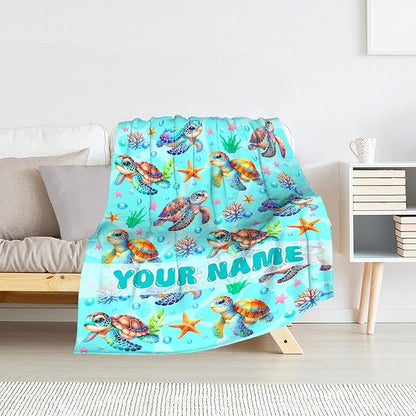 Personalized Turtle Gifts for Girls - 40" x 50" Inches Cute Turtle Throw Blanket for Boys Kids - Green Soft Fuzzy Blankets for Sofa, Crib & Bed