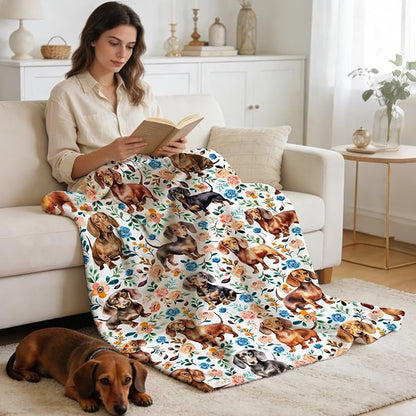 Dachshund Blanket, Wiener Dog Throw for Boys Girls, Floral Pattern Decor for Couch Bed Living Room, Pets Lover Gifts, 40"x50"-Kids/Throw Size